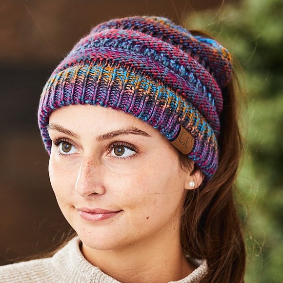 'C.C BEANIE' MESSY BUN BEANIE TAIL' VARIEGATED STRIPE - Picture 12 of 16